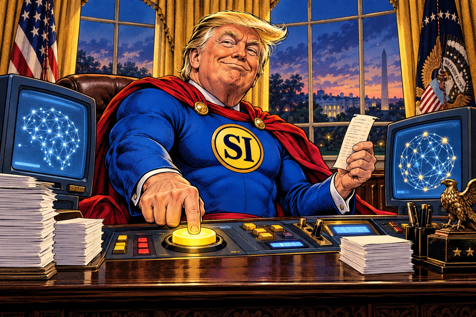 Satirical comic of Trump in a blue SI suit and red cape, comparing inference requests at a presidential office desk.